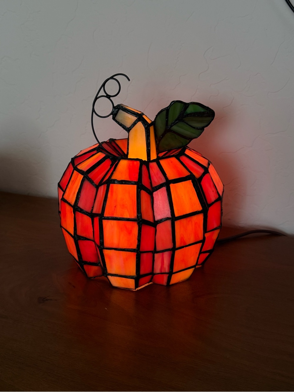 90’s Stained Glass Pumpkin Lantern - Orange with Green Leaf
